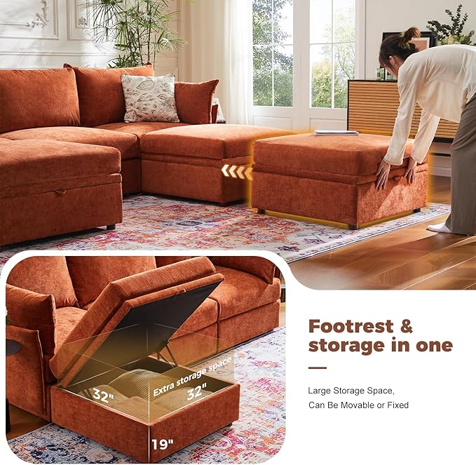 ABCASA Luxury Modular Sectional Sofa, L-Shaped 3-Seat Couch with Storage Ottoman Deep Seat & Reversible Chaise Lounge Chenille Terracotta Orange for Compact Spaces, Apartments, Dorm
