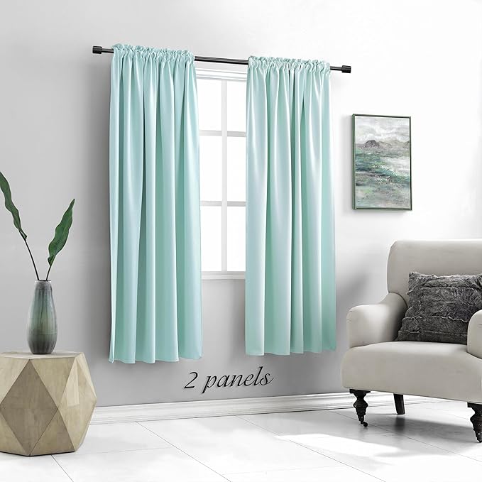 DONREN Aqua Color Blackout Curtains for Bedroom - 63 Inch Length Room Darkening Thermal Insulated Rod Pocket Curtains for Kids Room(42 x 63 Inches Long,1 Pair)
