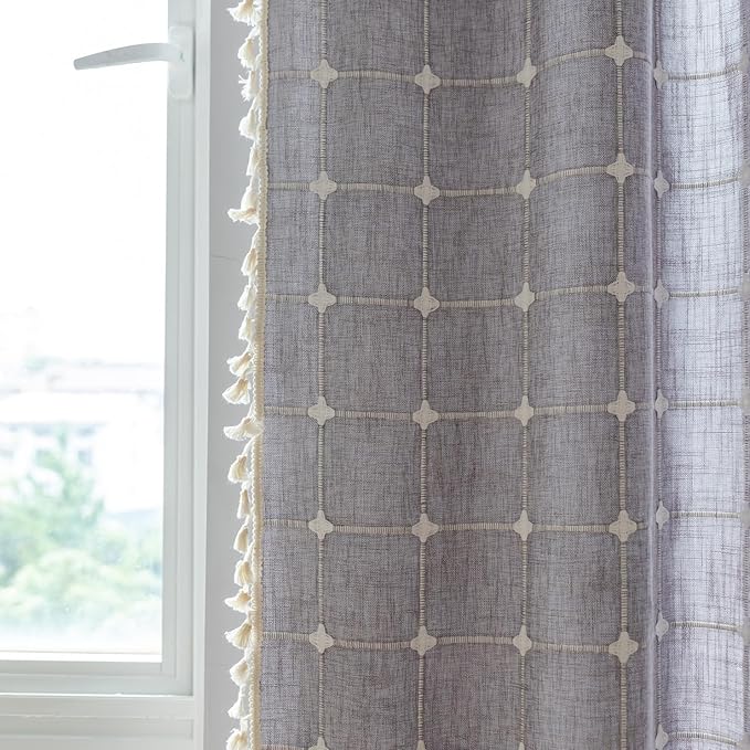 Sutuo Home Boho Curtains 96 Inches Long for Bedroom Living Room,Bohemian Checkered Linen Vintage Chic Tassels Light Filtering Farmhouse Window Treatment Drape, 1 Panel 52" W x 96" L, Dark Grey Plaids