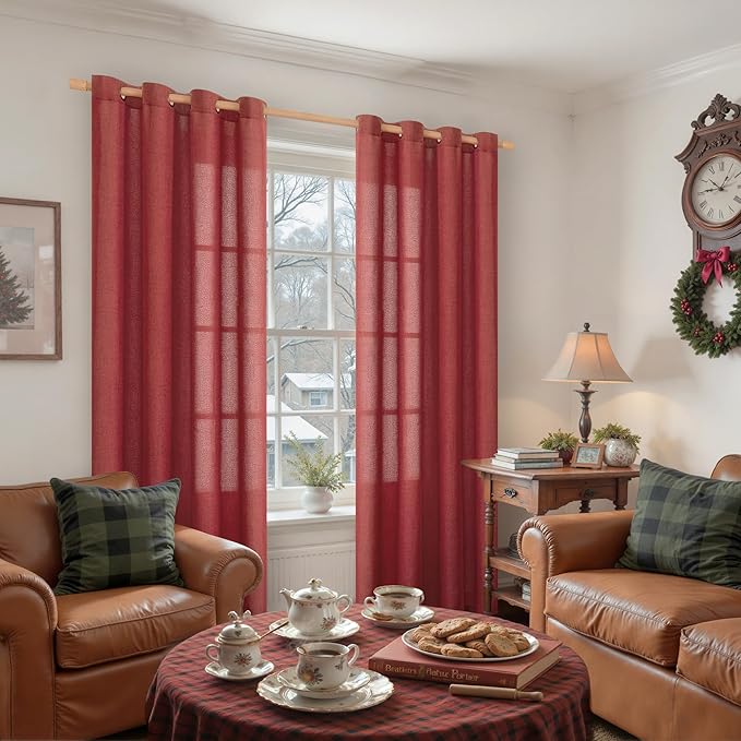 YoungsTex Red Linen Curtains 80 Inch Length for Living Room, Light Filtering Window Drapes Semi Sheer with Bronze Grommet Privacy for Bedroom, 52 x 80 Inch, 2 Panels