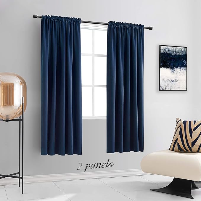 DONREN 2 Panels Navy Blue Blackout Thermal Insulated Curtain Drapes - Solid Soft Smooth Heavy Fabric Curtains for Bedroom(Dark Blue,42 Width by 63 Inch Length)