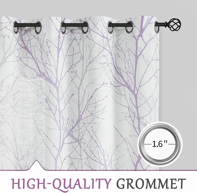 FMFUNCTEX Linen Semi Sheer Curtains for Bedroom, Lilac White Curtains 96 Inches Long for Living Room, Grey Tree Branch Patterned Curtain Light Filtering Farmhouse Window Drapes, Grommet Top 2 Panels