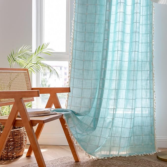 Sutuo Home Boho Curtains 96 Inches Long for Bedroom Living Room, Semi Blackout Linen Plaids Farmhouse Tassels Window Treatment Bohemian Embroidery Drape,Rod Pocket 1 Panel 52" W x 96" L, Aqua Blue