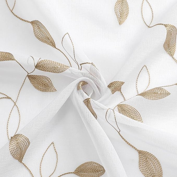 Tollpiz Taupe Leaf Sheer Tier Curtain Leaves Embroidered Kitchen Curtains Rod Pocket Voile Bathroom Window Treatment for Cafe, 30 x 36 inches Long, Set of 2 Panels