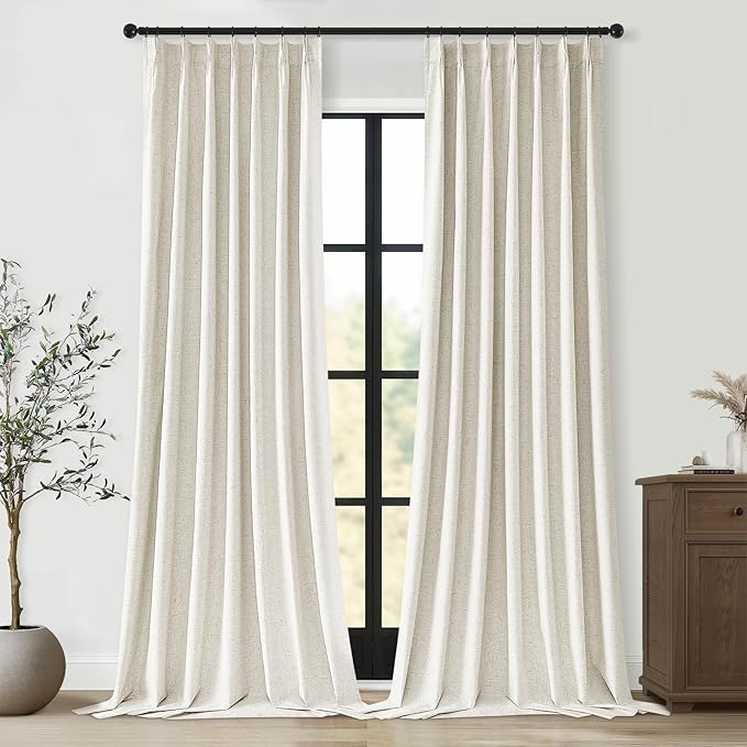 Topfinel 132 Inches Long Extra Long Pinch Pleat Faux Linen Curtains for Living Room,Neutral Beige 100 Percent Blackout Floor to Ceiling Farmhouse Sound Absorbing Drapes 2 Panels for Track System 101FT