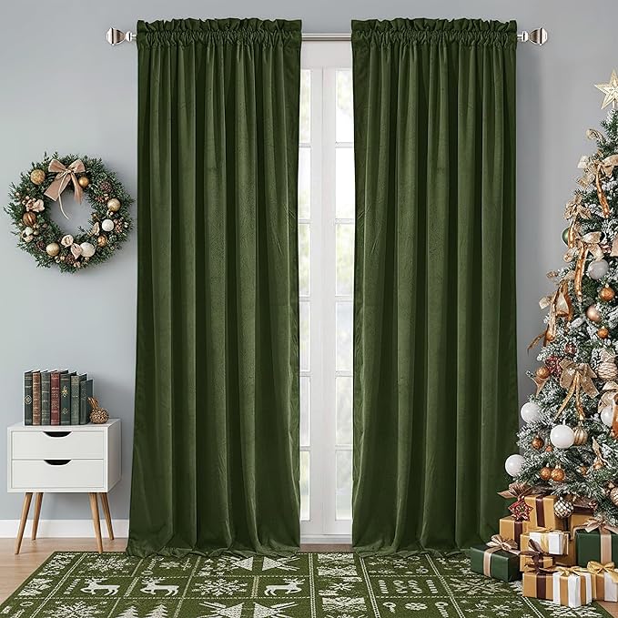 StangH Moss Green Curtains 92 inches Soft Velvet Christmas Decor Thermal Insulated Privacy Drapes for Bedroom, Noise Reducing Curtains for Office, W52 x L92, 2 Panels