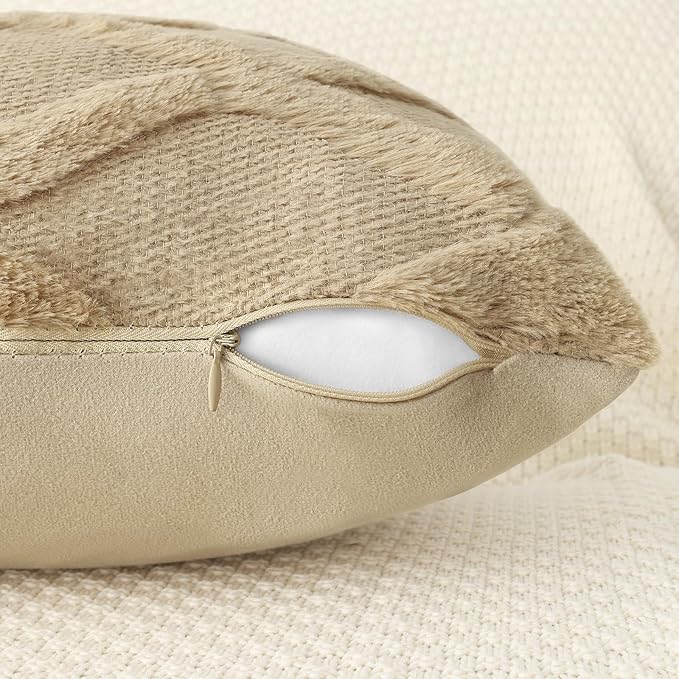 decorUhome Spring Throw Pillow Covers 18x18 Inch Set of 2, Soft Plush Faux Fur Wool Khaki Couch Pillow Covers, Decorative Neutral Pillow Cases for Bed Sofa Living Room Home Decor