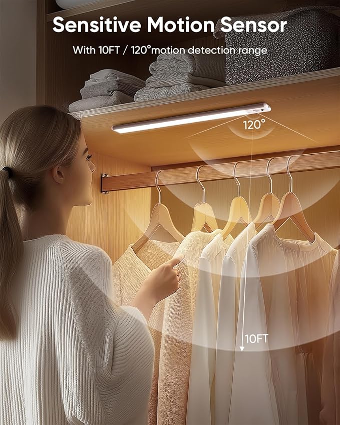 Under Cabinet Lighting Wireless, Rechargeable 62 LED Motion Sensor Light Indoor, 3 Color Temps Closet Lights with Remote Control, Dimmable Magnetic Under Counter Lights for Kitchen, Stairs, 6 Pack