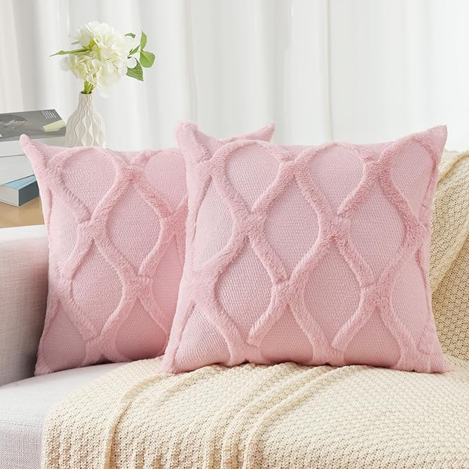 decorUhome Spring Throw Pillow Covers 16x16 Inch Set of 2, Soft Plush Faux Fur Wool Light Pink Couch Pillow Covers, Decorative Neutral Pillow Cases for Bed Sofa Living Room Home Decor