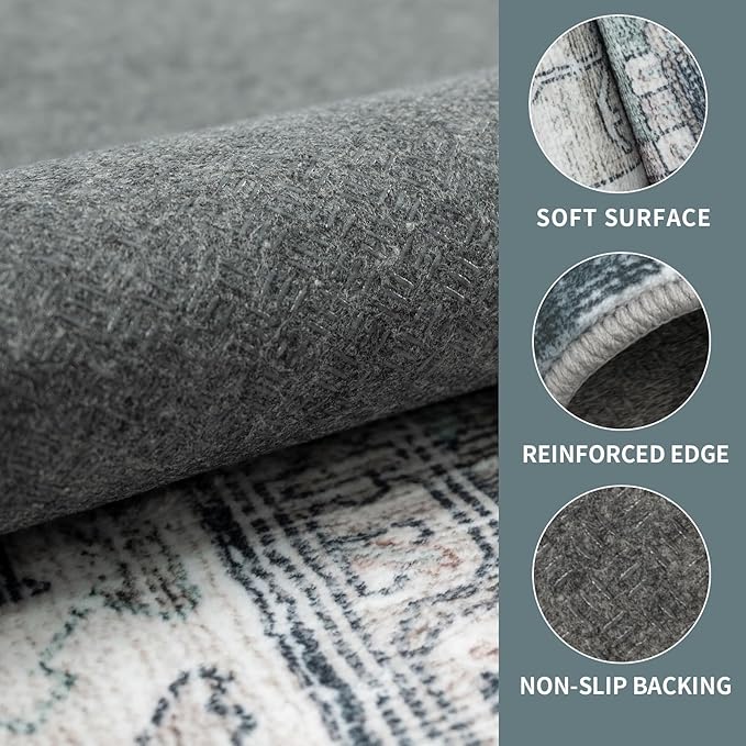 8x10 Vintage Washable Area Rug for Living Room,Low Pile Non Slip Carpet Non-Shedding Large Area Rug Soft Indoor Stain Resistant Rug Boho Print Mat for Bedroom Dining Room Blue Beige Multi