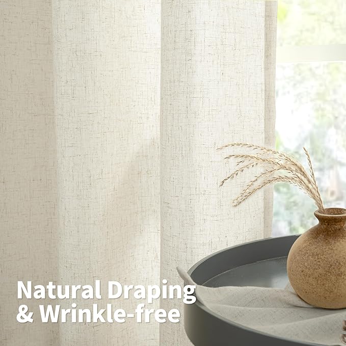 YoungsTex 45 Inch Length Beige Linen Curtains for Kitchen Windows, Short Light Filtering Drapes with Grommet Semi Sheer Privacy for Bathroom Living Room Window, 2 Panels, 42 X 45 Inch