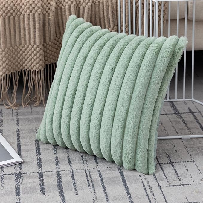 ZLINA Set of 2 Light Green Faux Fur Decorative Throw Pillow Covers Fluffy Striped Pillowcase Cushion Covers 16 x 16 Inch Decor Sofa Couch Bedroom