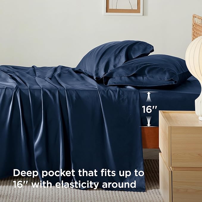 Bedsure Full Size Bed Sheets, Cooling Sheets, Rayon Derived from Bamboo, Breathable & Soft, Deep Pocket Up to 16 Inches, Hotel Luxury Silky Bedding for Hot Sleepers, Navy