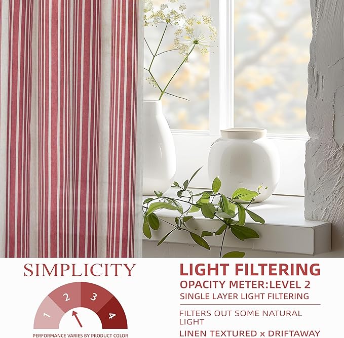 DriftAway Farmhouse Vertical Striped Linen Blend Textured Light Filtering Semi Sheer Curtains for Living Room Bedroom 54 Inches Long Drapes 2 Panels Broad Striped Linen Red
