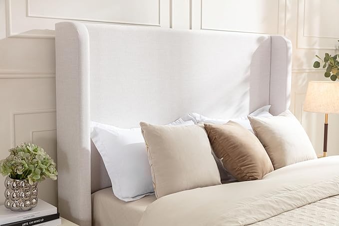 California King Size Upholstered Bed Frame, Platform Bed Frames with 54" Tall Headboard Wingback, Strong Wood Slats Support/No Box Spring Needed/Elegant Simplicity/No Noise, Textured Ivory Canvas