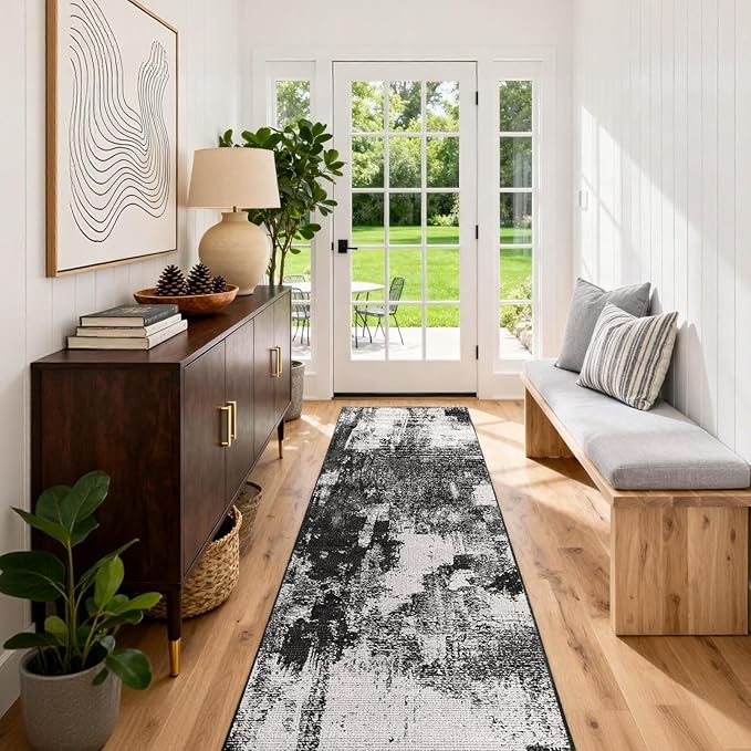 3x8 Hallway Washable Runner Rug: Extra Long Kitchen Runner Non Slip Abstract Rugs Printed Faux Wool Low Pile Soft Indoor Floor Carpet for Bedroon Dining Living Room Bathroom Black White 3x8