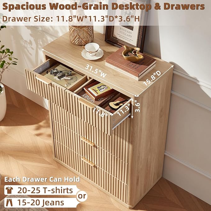 LEYAOYAO 42" Tall Fluted Dresser and 3 Drawers 23" Nightstand Set of 2, Wooden Dresser & Night Stand with Charging Station, 3 Piece Bedroom Furniture Set, Wood Chest of Drawer for Living Room,Natural