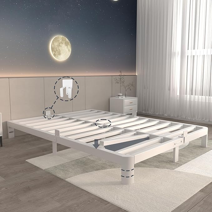 ITIMIDI 6 Inch White Full Size Bed Frame, Platform Bed Frames with Metal Gaskets, Heavy Duty Steel Support 3000 LBS, No Box Spring Needed, Anti-Slip Mattress Stopper, Easy Assembly