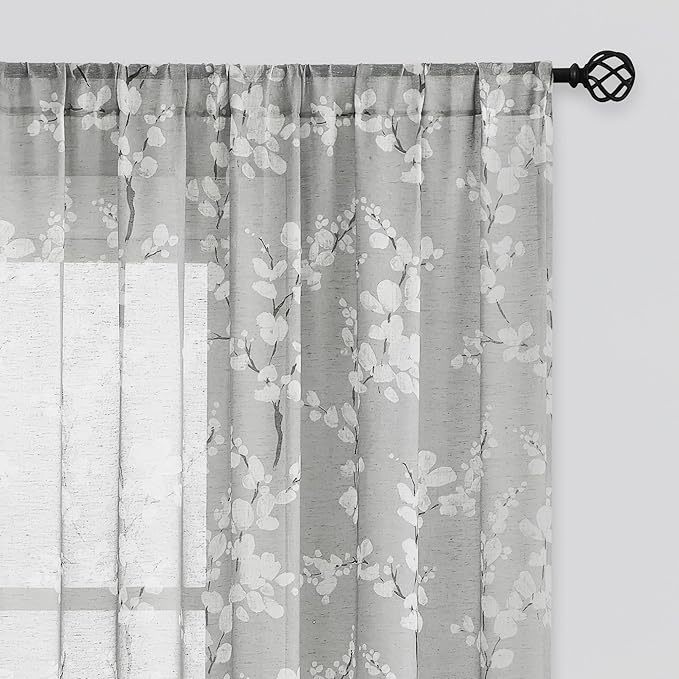 FMFUNCTEX Linen Sheer Curtains for Bedroom, Grey White Blossom Print Curtains 84 Inches Long for Living Room,Floral Patterned Farmhouse Curtain Light Filtering Window Drapes 2 Panels, Rod Pocket