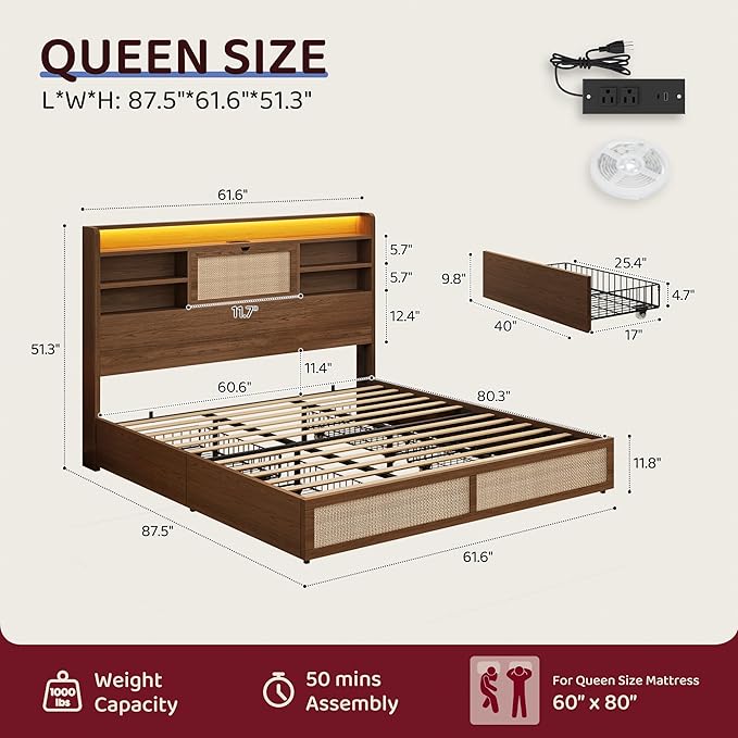 Queen Size Rattan Bed Frame with 4 Storage Drawers and Hidden Storage Headboard Wooden Platform Bed Frame with LED Lights and Charging Station, No Box Spring Needed, Easy Assembly, Brown