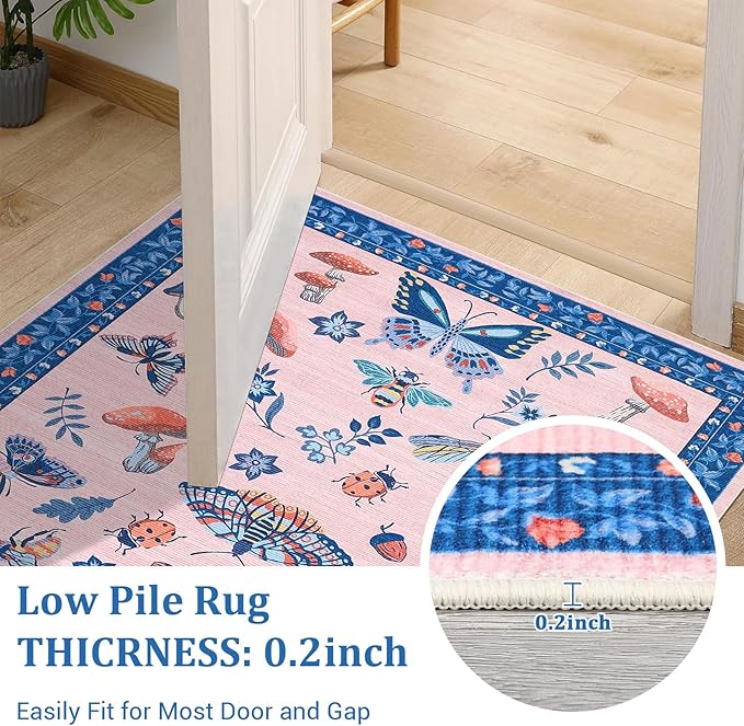 Mushroom Insect 8x10 Area Rugs, Washable Rugs for Living Room Non Slip Stain Resistant Low Pile Modern Butterfly Carpet for Bedroom Dining Room Nursery Playroom Office, Blue Pink