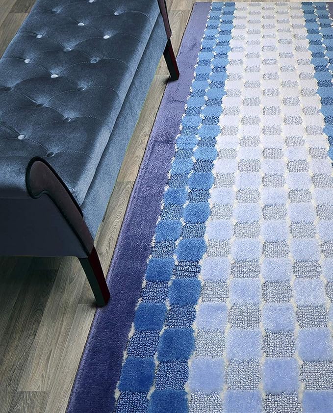 Custom Length Hallway Runner Rug,Slip Resistant,Checkered Blue, 26 Inch X 7 feet, Sold and Priced Per Foot