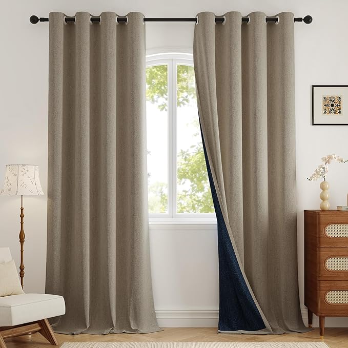 100% Blackout Curtains 96 inch Length 2 Panels for Living Room, Linen-Look Textured Room Darkening Thermal Insulated Noise Reduction Farmhouse Drapes for Bedroom (W52xL96, Taupe)