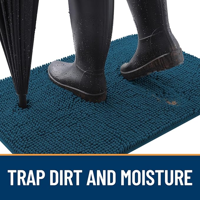 OLANLY Dog Door Mat for Muddy Paws 40x32, Absorbs Moisture and Dirt, Absorbent Non-Slip Washable Doormat, Quick Dry Chenille Mud Mat, Entry Indoor Entryway Carpet for Inside Floor, Atlantic Blue