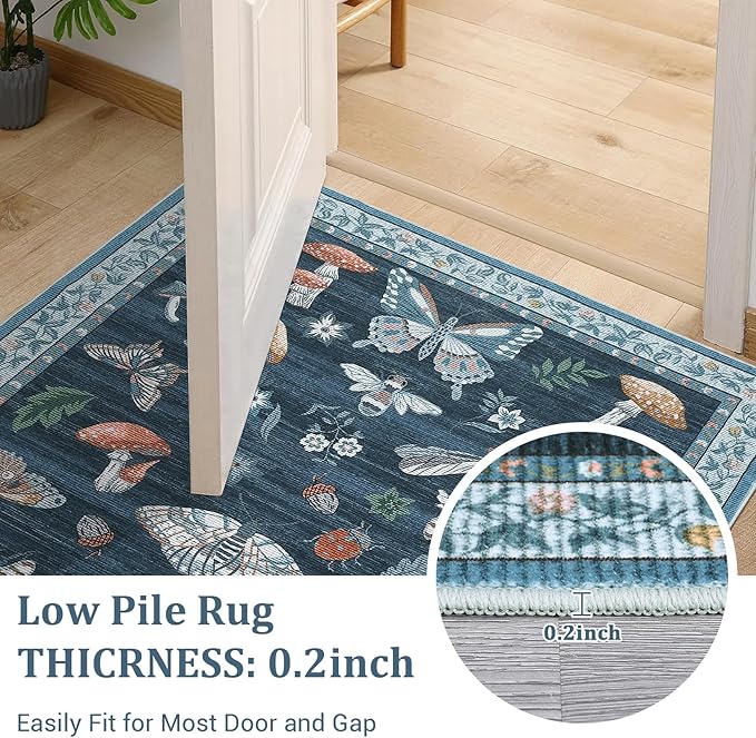 Mushroom Insect 6ft Round Rug Washable Non-Slip Soft Ultra-Thin Boho Circle Carpet for Living Room Bedroom Kitchen Nursery Dining Room Blue