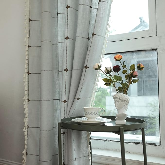 Sutuo Home Boho Curtains for Living Room Bedroom Office,Bohemian Drape Light Filtering Country Linen Vintage Chic Tassels Checkered Window Treatment for Decor 1 Panel 52" W x 96" L, Cream Grey Plaids