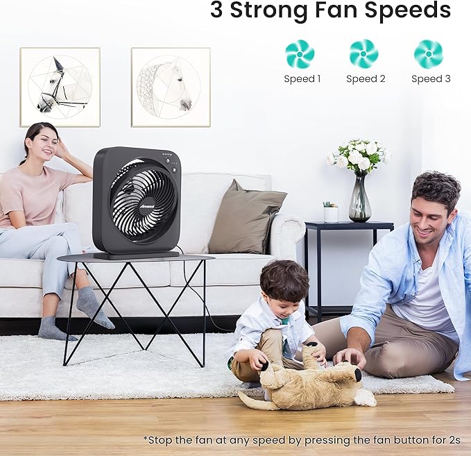 AMACOOL Table Fan, 12 inch Box Fan with 3 Adjustable Speeds & 8HRS Timer, 270° Pivoting Quiet Air Circulator, Desktop Fan for Bedroom Bathroom Kitchen Office, AC Adapter Included-Black