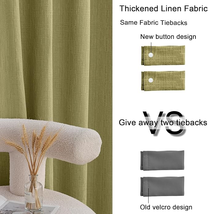 Jacquard Linen Curtains 72 inch Length 2 Panels Thick Faux Linen Blended Window Drapes Burlap Textured Curtains with Grommet for Living Room Bedroom Farmhouse (52x72 Olive Green) Natural