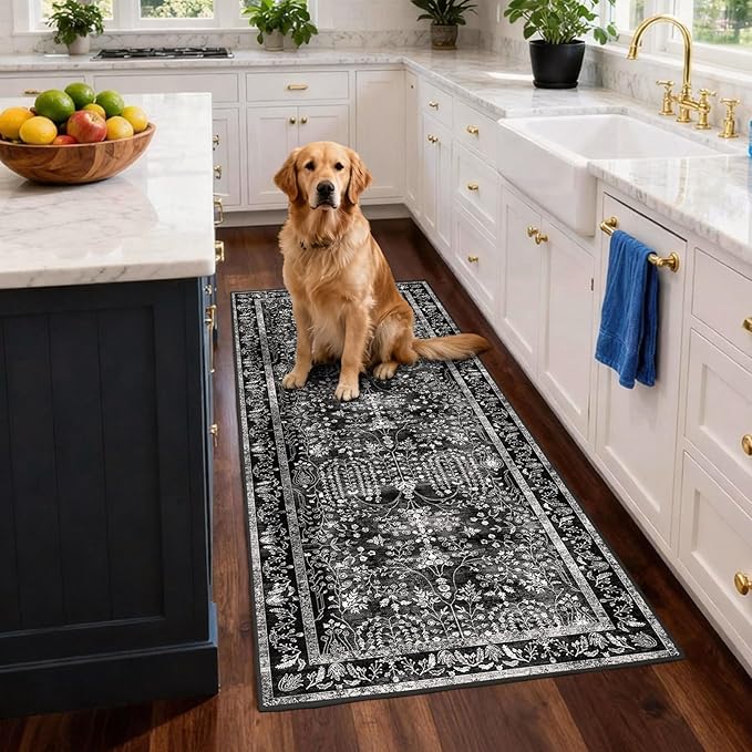 3x12 Long Hallway Runner Rug: Kitchen Rugs Non Slip Washable Low Pile Vintage Floral Runner with Rubber Backing Indoor Stain Resistant Carpet Runner for Bedroom Dining Living Room Black White