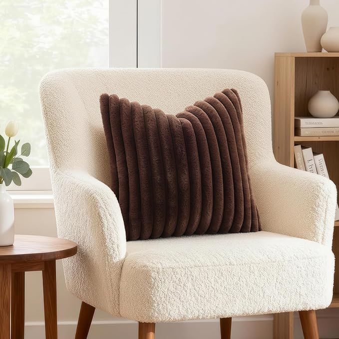 decorUhome Faux Fur Throw Pillow Covers 16x16 Set of 2, Decorative Soft Plush Striped Neutral Couch Euro Pillow Covers with Velvet Back for Sofa, Bed, Living Room Home Decor, Dark Brown