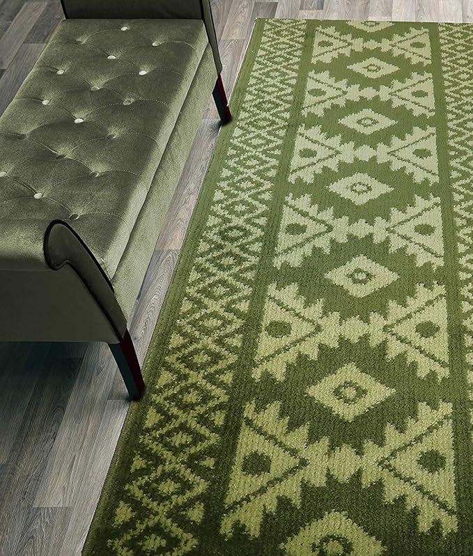 Custom Length Hallway Runner Rug,Slip Resistant,Southwestern Green, 26 Inch X 31 feet, Sold and Priced Per Foot