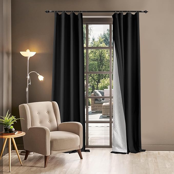 100% Blackout Thermal Insulated Curtains, 3 Layers Noise Absorbing, Soundproof Back Tab Drapes for Sliding Glass Door Baby Nursery Bedroom with Hooks, Black 50x84 Inch Set of 1