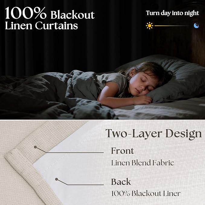 94 Inch Natural Blackout Linen Curtains 2 Panels Set for Bedroom Living Nursery Neutral Pinch Pleated 100% Black Out Thermal Insulated Cream Ivory Curtain for Energy Efficient Pinch Pleat Drape 40x94