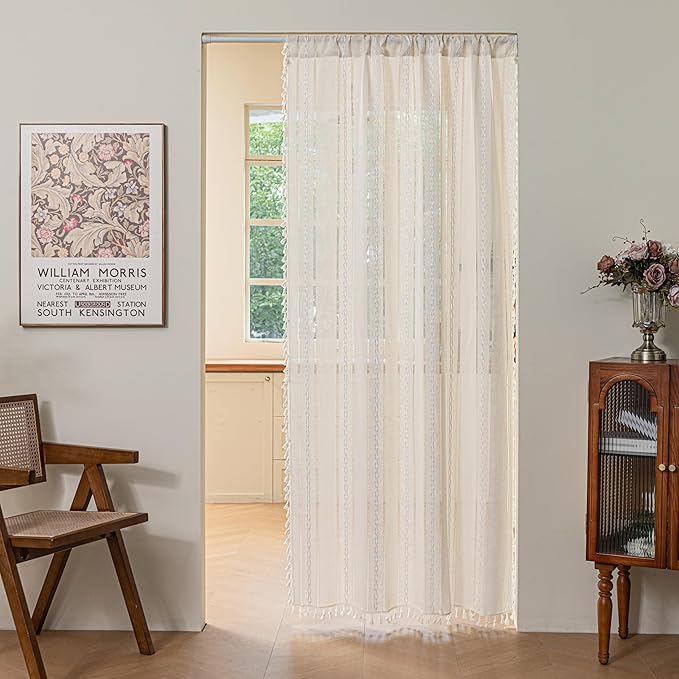 Sutuo Home Boho Door Curtains for Door Window, Bohemian Semi Blackout Curtains Tassels Privacy Vintage Chic Embroidery Long Stripes White Decor Window Treatments,Rod Pocket 1 Panel 37" W x 80" L,Ivory