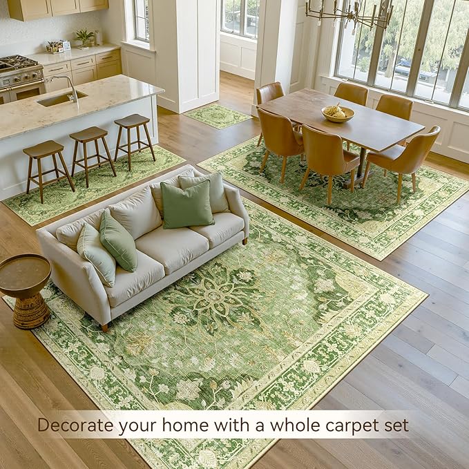 Area Rugs Square 8ft Washable Non-Slip, Floral Vintage Distress Print Pattern Medallion Carpet for Living Room Bedroom Dining Room, Sage Green Yellow