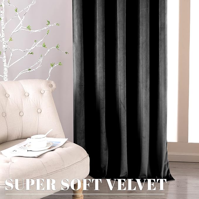 nanbowang Black Velvet Curtains - 42 Inches Width 84 Inches Long Soft Curtain Rod Pocket Thermal Insulated Window Treatment for Bedroom 2 Panels