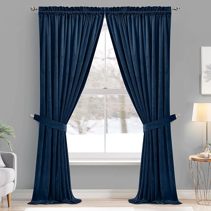 StangH Navy Blue Velvet Blackout Curtains 90 inches, Luxury Rod Pocket Window Drapes Thermal Insulated Noise Reducing Panels for Studio/Theater/Office/Bedroom, W62 x L90, 2 Panels