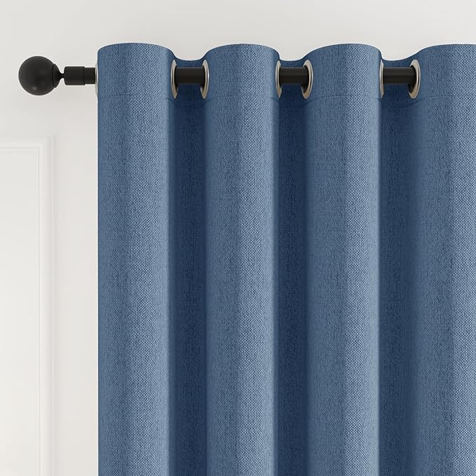 100% Blackout Curtains for Bedroom 90 inch Length 2 Panels Set, Farmhouse Linen-Look Textured Full Light Blocking Room Darkening Thermal Insulated Drapes for Living Room (W52xL90, Blue)