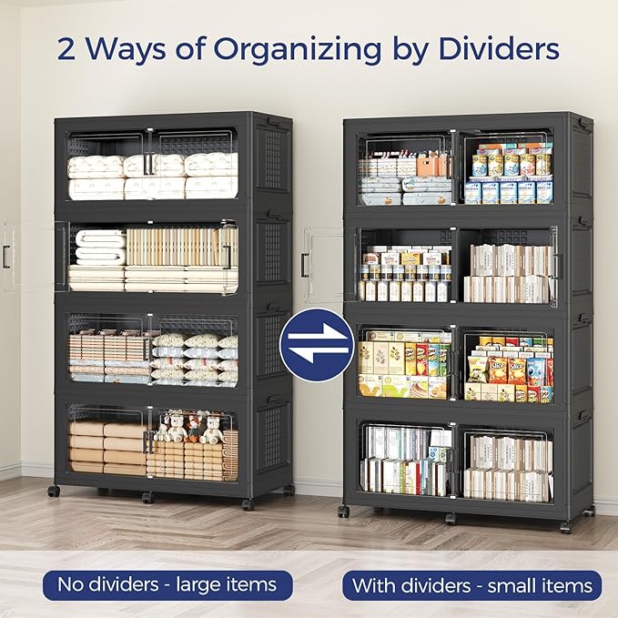 160GAL Storage Bins with Lid and Wheels, Stackable Closet Organizers and Storage Drawer, Collapsible Storage Box with Dividers, Foldable Plastic Cabinets for Room, Kitchen, 4 Pack Black