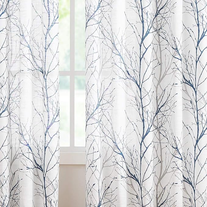 FMFUNCTEX Blue White Curtains 50" X 45" for Kitchen Living Room Tree Branch Print Wrinkle- Free Small Linen Texture Semi Sheer Window Panels for Bedroom 2 Panels, Grommet Top