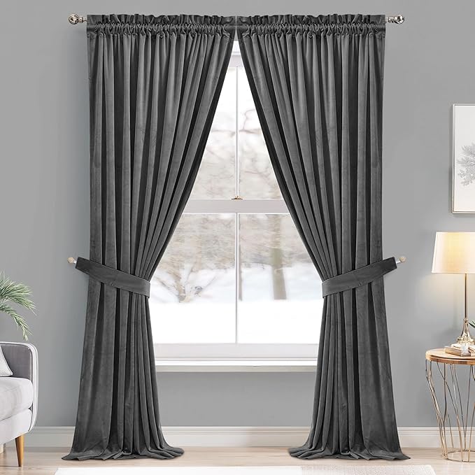 StangH Velvet Curtains 120 inches Long - Extra Long Rod Pocket Blackout Curtains for Living Room, Room Darkening Thermal Insulated Backdrops for Hall/Bedroom, Grey, W52 x L120, 2 Panels
