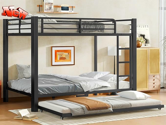 Upgraded & Stronger Heavy Duty Metal Full Over Full Bunk Bed with Trundle for Adults & Teens, Thickened More Stable Safer Bunkbeds (Greater Weight Capacity)