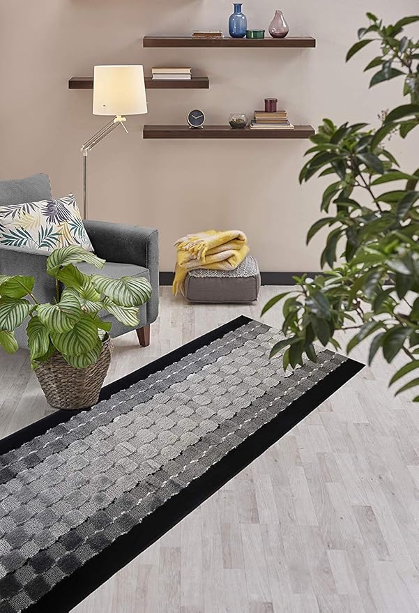 12 ft Long Non-Slip Washable Carpet Runner Rug with Rubber Backing, Custom Floor Mat for Kitchen Hallway Stairs Bedroom Bathroom Entryway, Checkered Black - Grey, Your Choice of Length, (26" X 12')