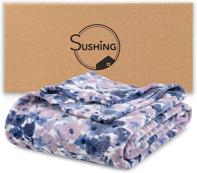 Luxury Printed Fleece Warm Throw Blanket, Soft Lightweight Velvety Plush Throw for Couch and Bed, Cozy Comfy for All Seasons(White Purple Flowers, 50×70 Inches)