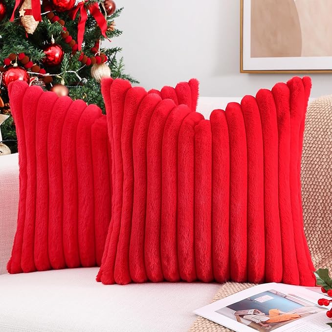 Pallene Faux Fur Plush Christmas Throw Pillow Covers 22x22 Set of 2, Luxury Soft Fluffy Striped Decorative Pillow Covers for Sofa, Couch, Living Room, Red