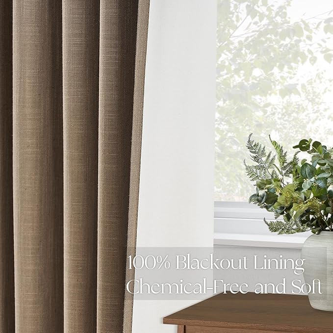 Topfinel Greige 90 Inches Long Blackout Natural Linen Curtains for Bedroom, Chocolate Brown Pinch Pleat Sound Blocking Curtains, Neutral Farmhouse Lined Drapes 2 Panels for Living Room Sliding Door